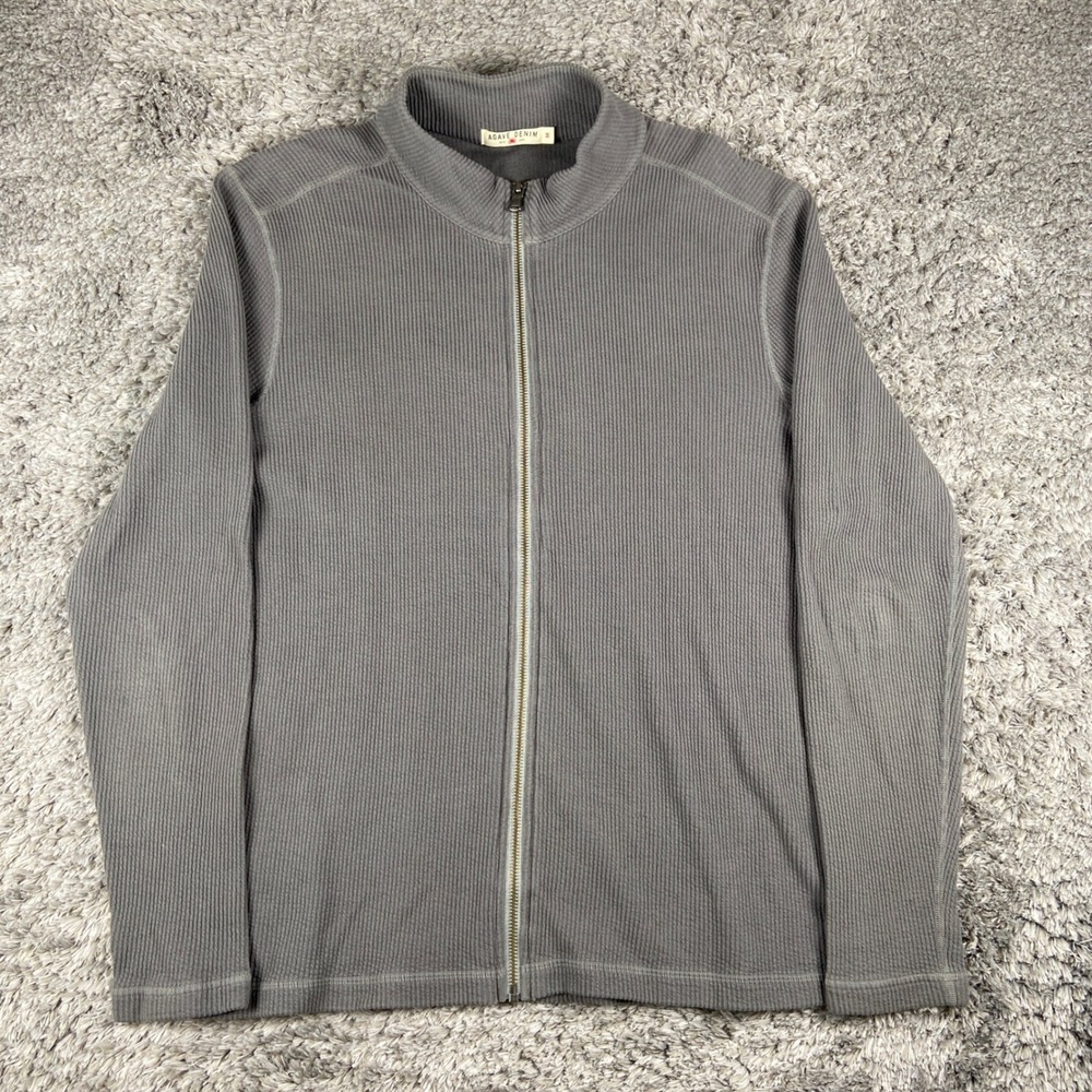 Agave Denim Waffle Knit Sweater Mens Medium Grey Full Zip‎ Mock Neck Luxury Top